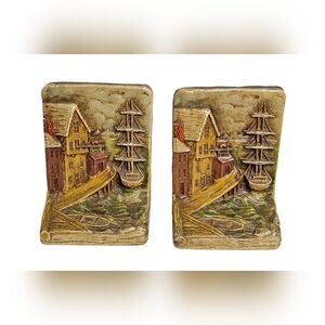 Vtg Pair Bookends Syroco Wood "Red Lion" Inn Sailing Ship Clipper Wharf Nautical